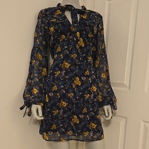 Band of Gypsies Floral Blue and Yellow V-Neck Dress with Peekaboo Sleeves Size M